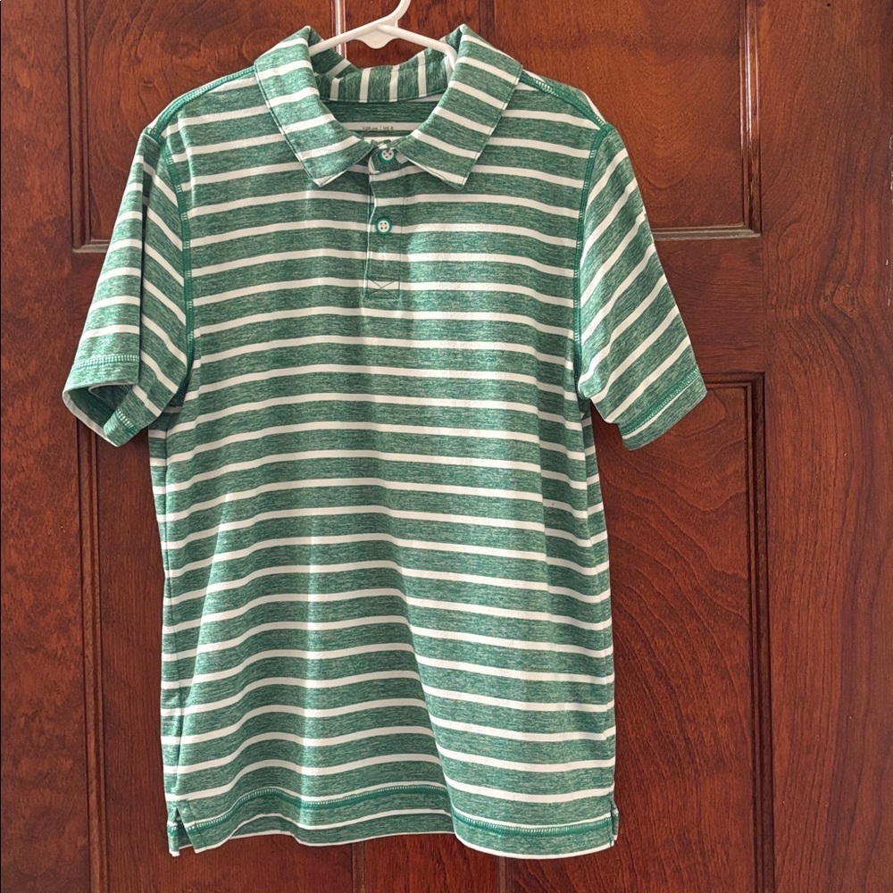 Hanna Andersson Kid’s 8yo Grn & White Striped Polo. Elegant. Airy. Fabulous! EUC